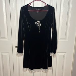 Hot Topic Black Velvet Dress with White Lace Trim and Lacing
